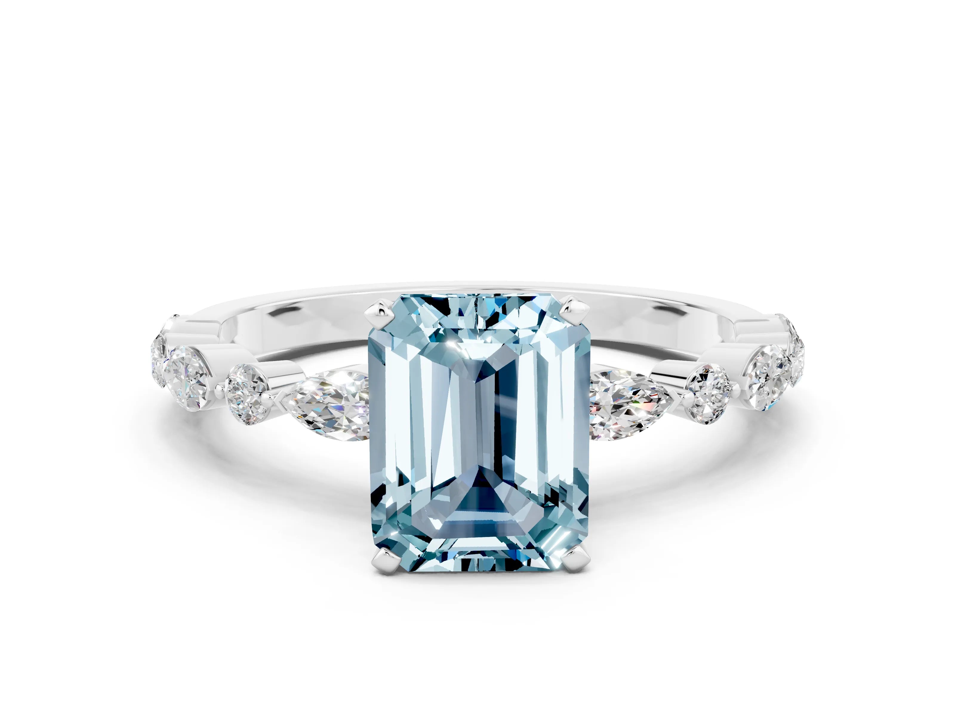 White gold Emerald Cut Aquamarine Solitaire with Side Stones on a Pavé Band and Four-Prong Setting