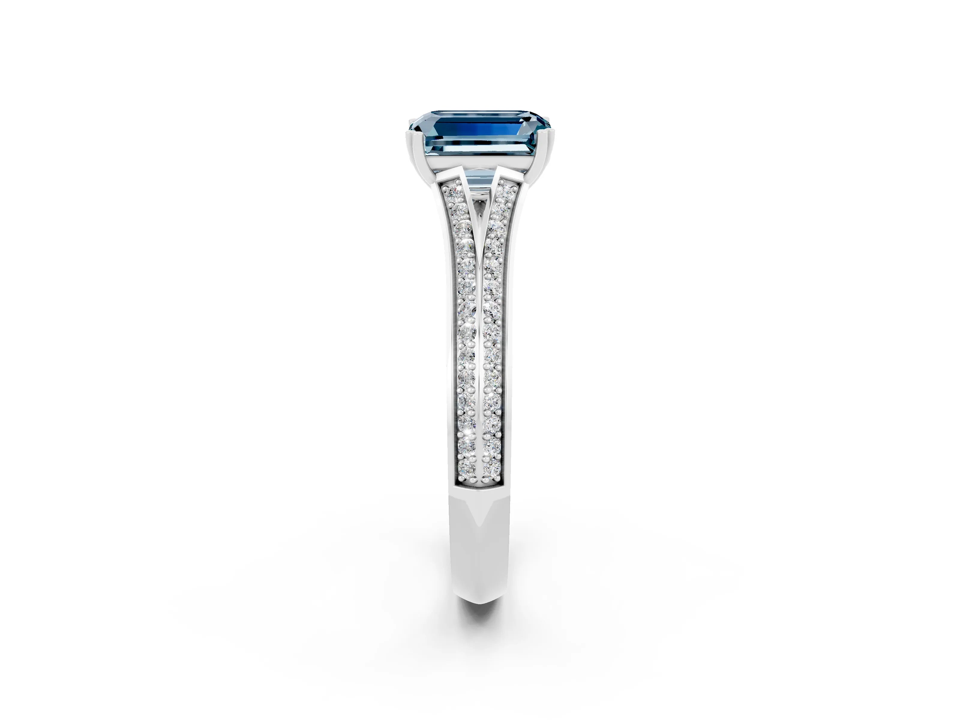 White gold Emerald Cut Aquamarine Split Shank Engagement Ring with Pavé Band_2