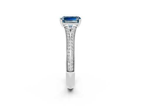 White gold Emerald Cut Aquamarine Split Shank Engagement Ring with Pavé Band_2