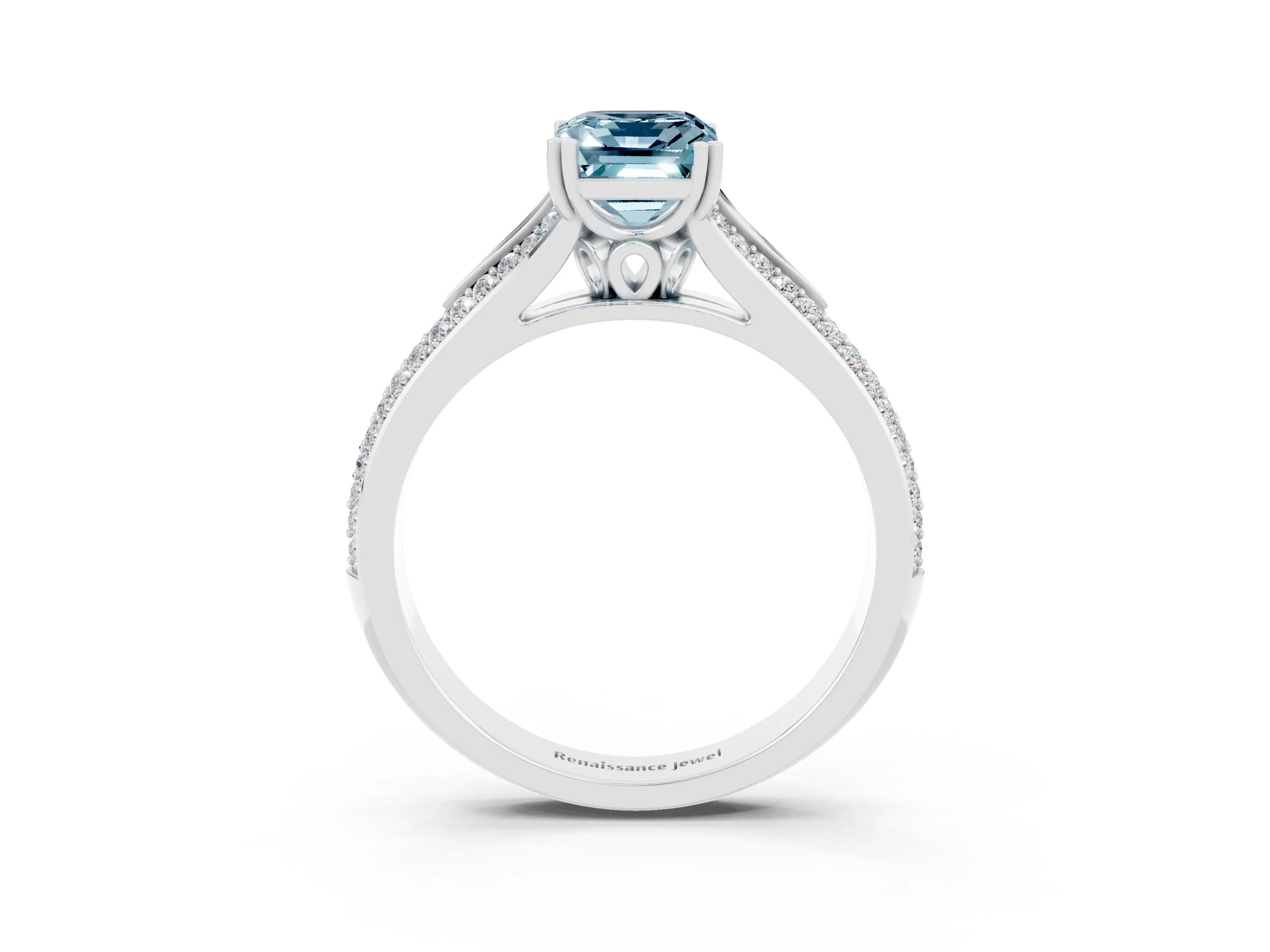 White gold Emerald Cut Aquamarine Split Shank Engagement Ring with Pavé Band_3