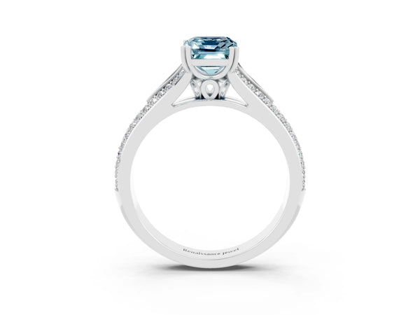 Silver Emerald Cut Aquamarine Split Shank Engagement Ring with Pavé Band