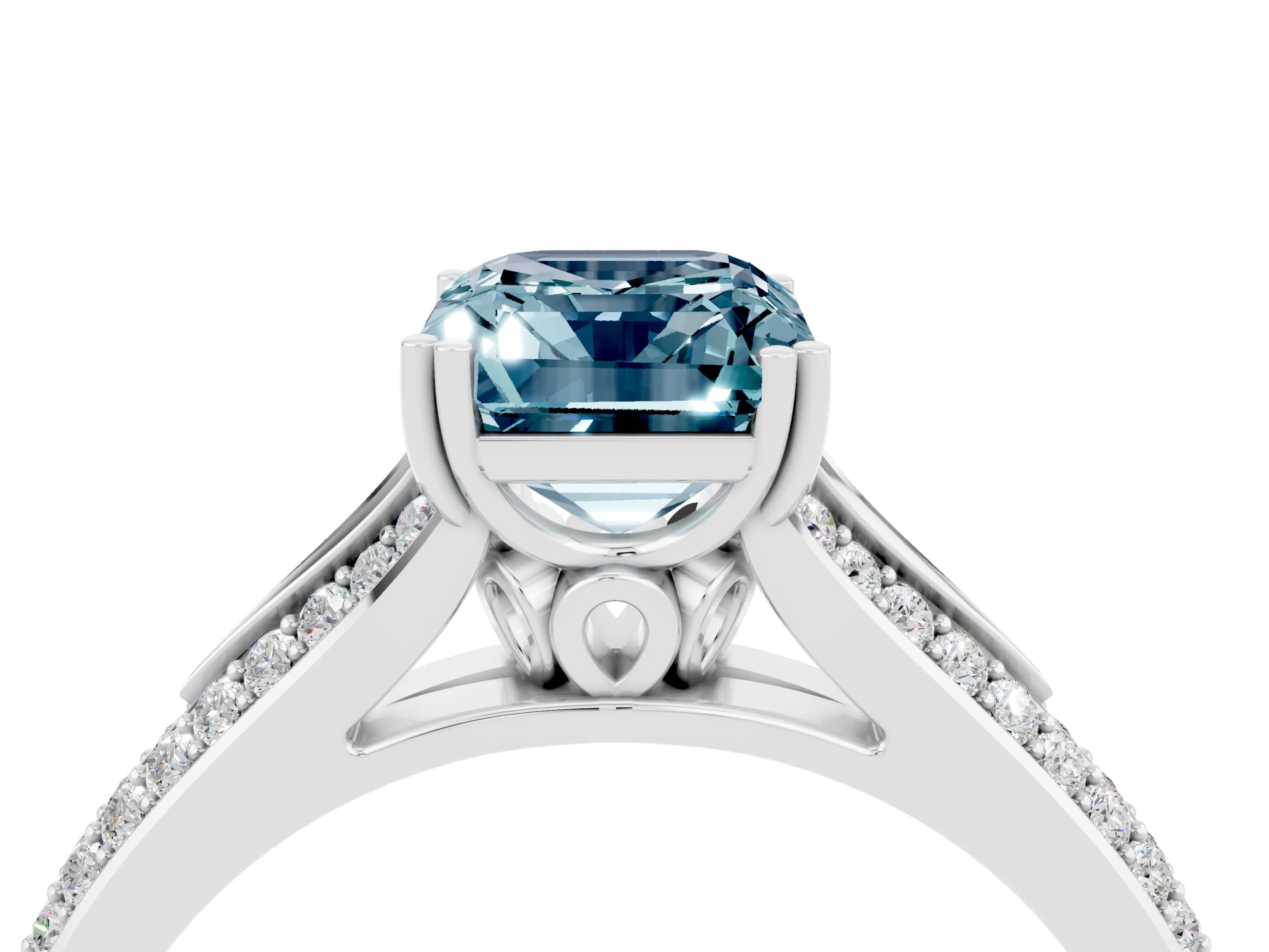 White gold Emerald Cut Aquamarine Split Shank Engagement Ring with Pavé Band_4