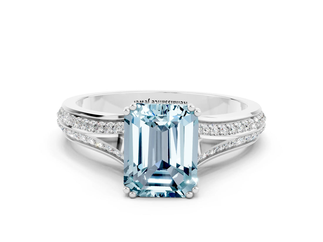 White gold Emerald Cut Aquamarine Split Shank Engagement Ring with Pavé Band