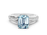 White gold Emerald Cut Aquamarine Split Shank Engagement Ring with Pavé Band