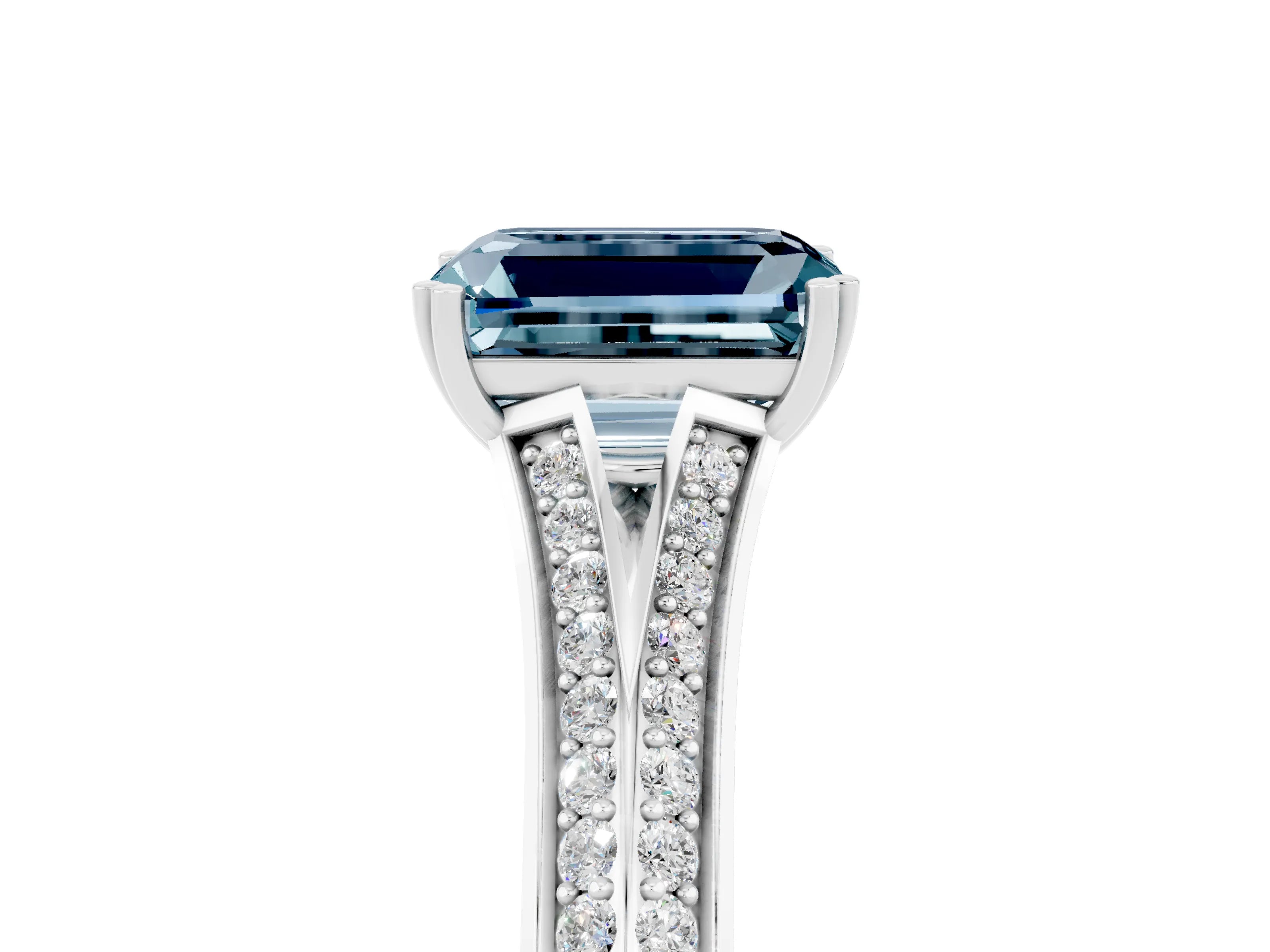 White gold Emerald Cut Aquamarine Split Shank Engagement Ring with Pavé Band_5