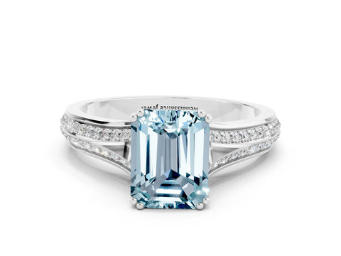 White gold Emerald Cut Aquamarine Split Shank Engagement Ring with Pavé Band