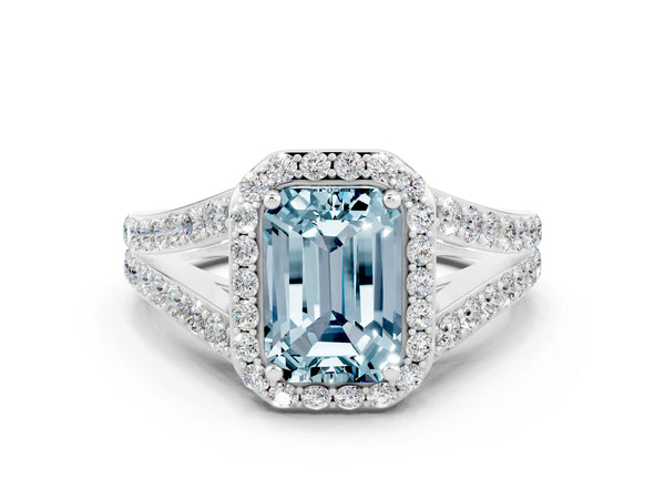Platinum Emerald Cut Aquamarine Split Shank Halo Ring with Four-Prong Setting