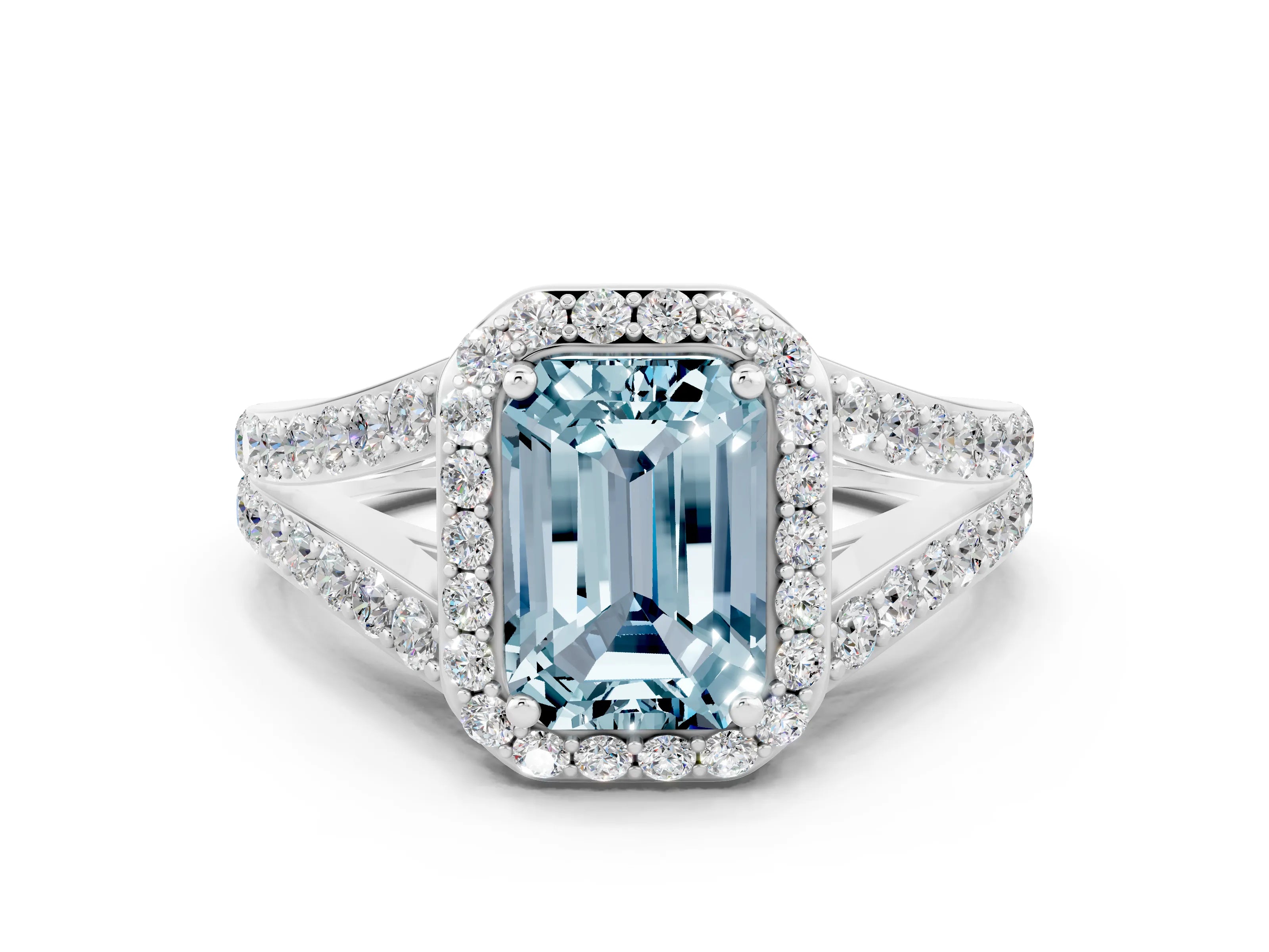 White gold Emerald Cut Aquamarine Split Shank Halo Ring with Four-Prong Setting_12