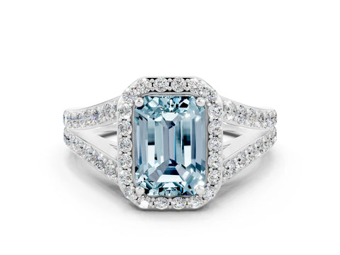 White gold Emerald Cut Aquamarine Split Shank Halo Ring with Four-Prong Setting_12