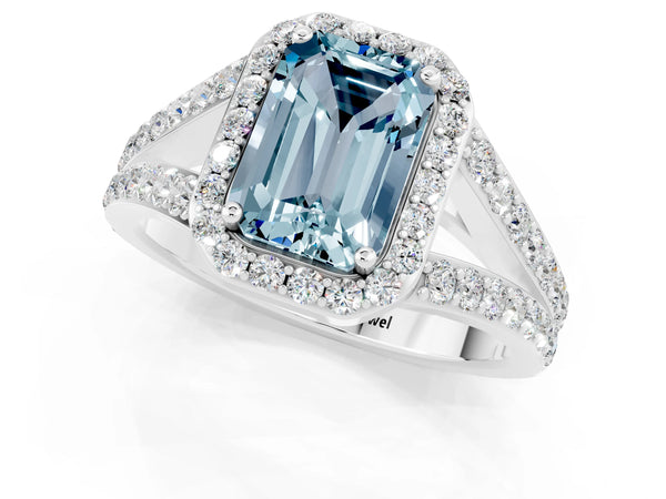 Platinum Emerald Cut Aquamarine Split Shank Halo Ring with Four-Prong Setting