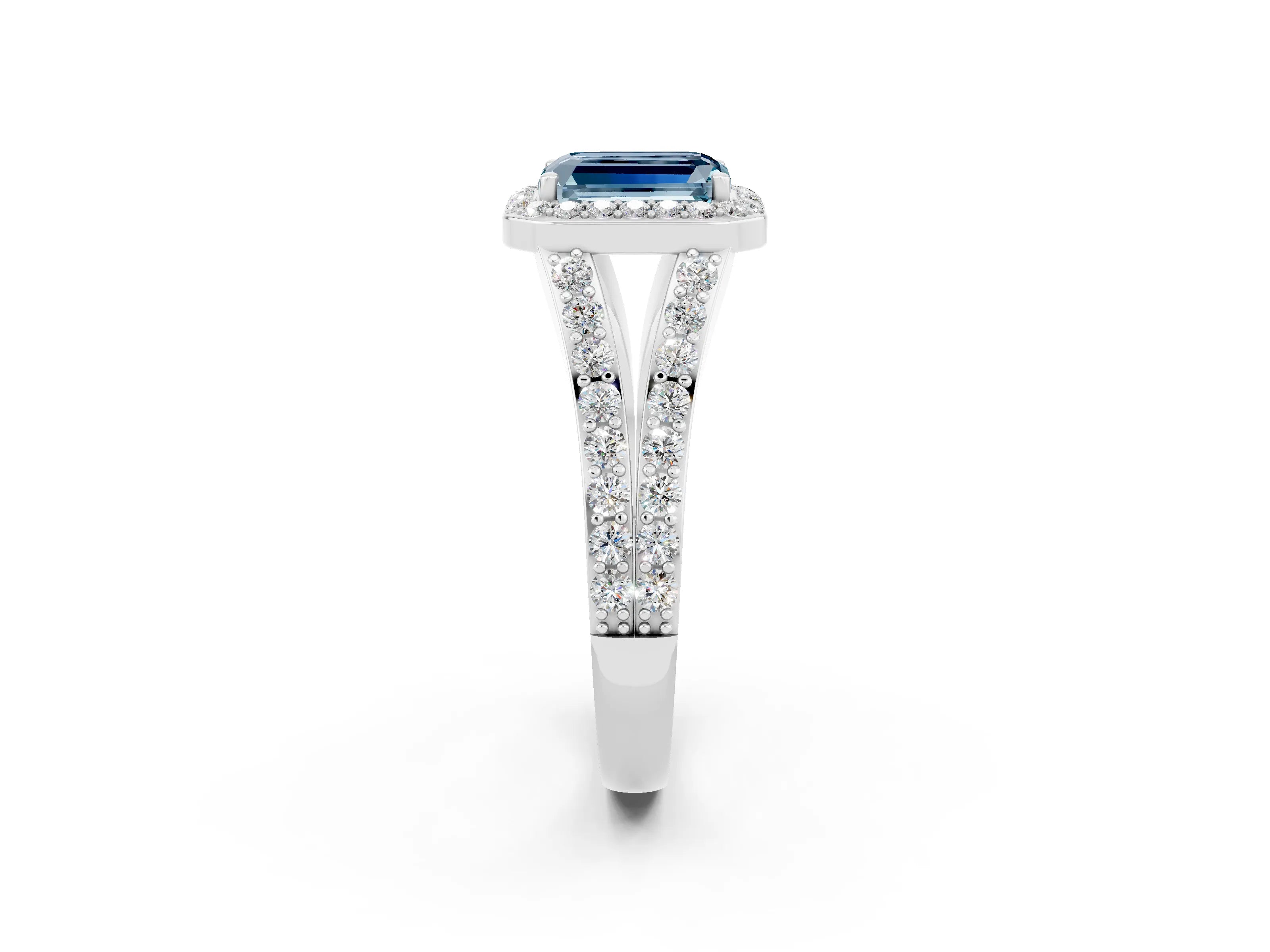 White gold Emerald Cut Aquamarine Split Shank Halo Ring with Four-Prong Setting_14