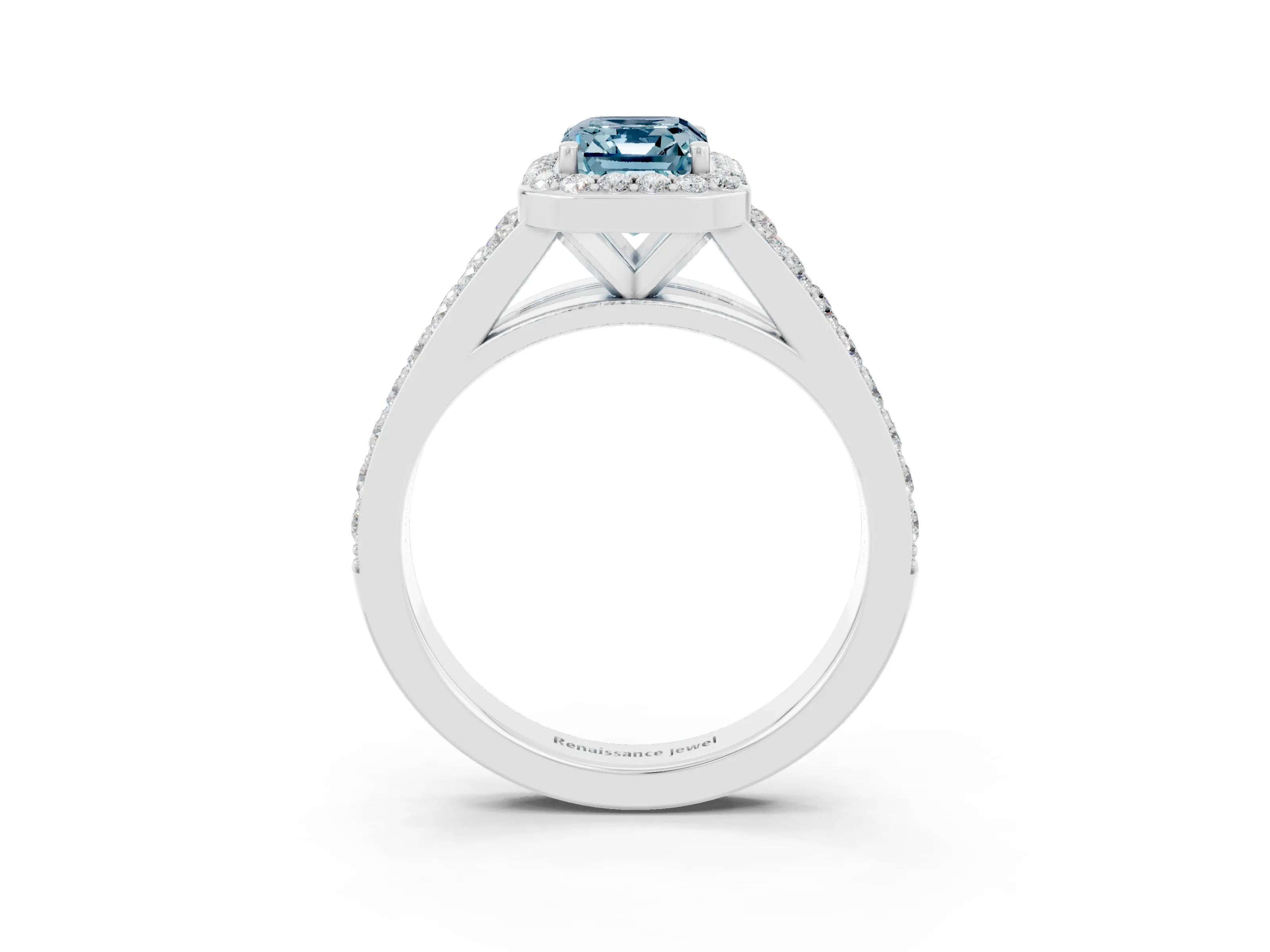 White gold Emerald Cut Aquamarine Split Shank Halo Ring with Four-Prong Setting_15