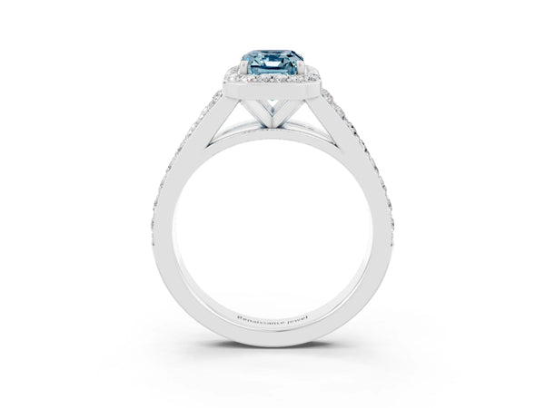 Platinum Emerald Cut Aquamarine Split Shank Halo Ring with Four-Prong Setting