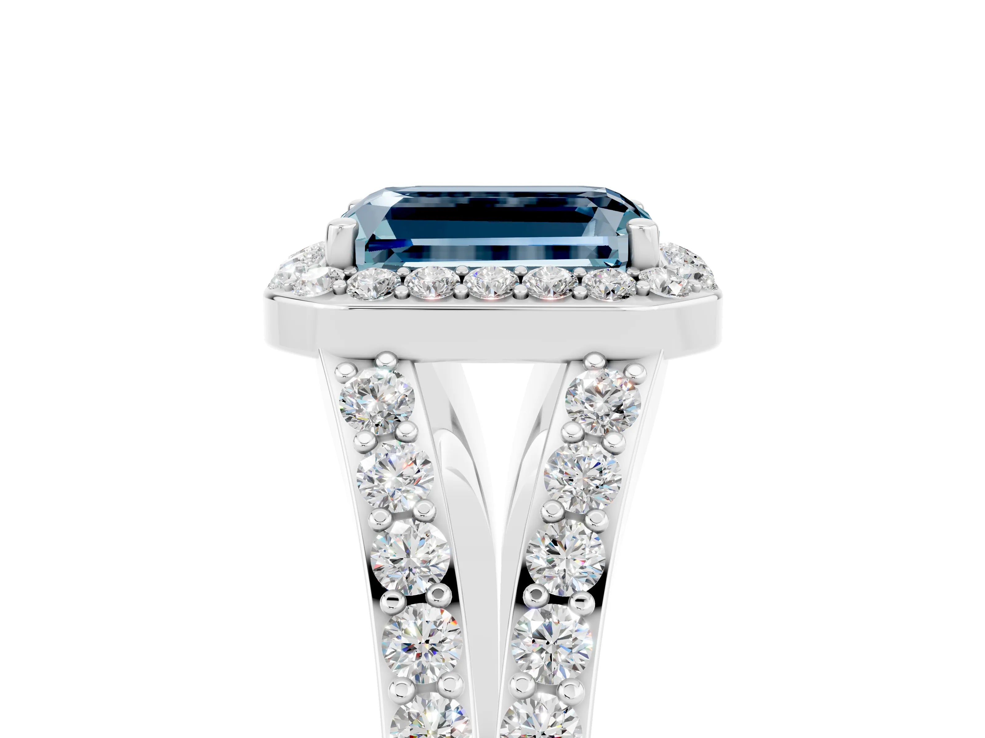 White gold Emerald Cut Aquamarine Split Shank Halo Ring with Four-Prong Setting_17