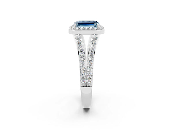 White gold Emerald Cut Aquamarine Split Shank Halo Ring with Four-Prong Setting