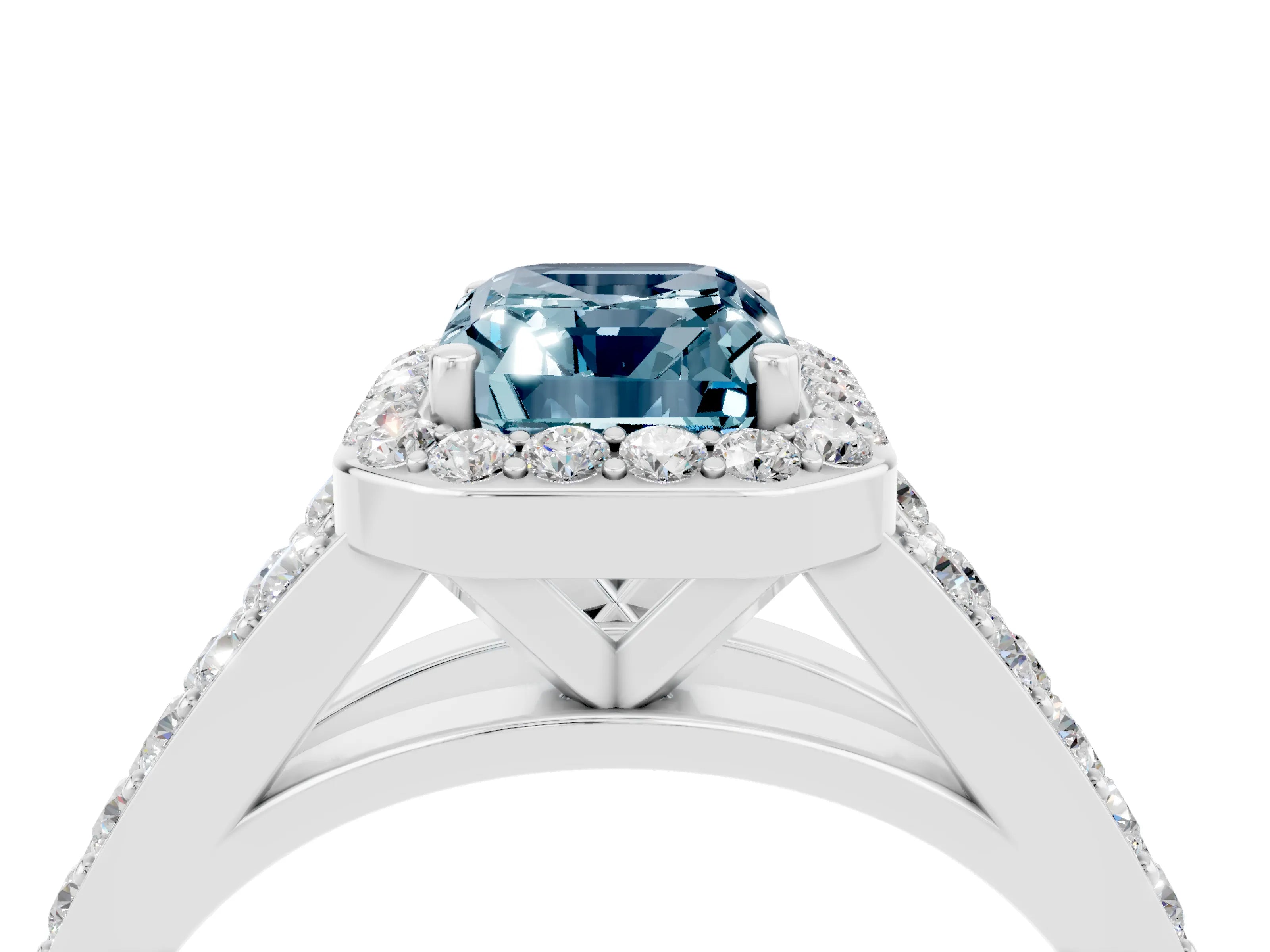 White gold Emerald Cut Aquamarine Split Shank Halo Ring with Four-Prong Setting_28