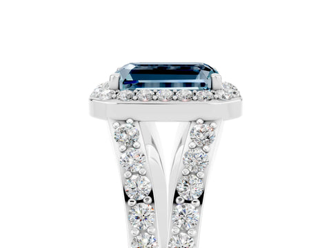 White gold Emerald Cut Aquamarine Split Shank Halo Ring with Four-Prong Setting_29
