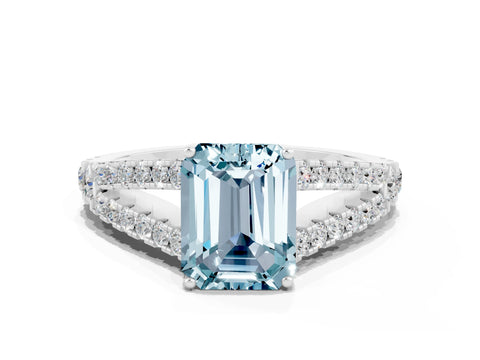 White gold Emerald Cut Aquamarine Split Shank Pavé Engagement Ring with Four-Prong Setting_12
