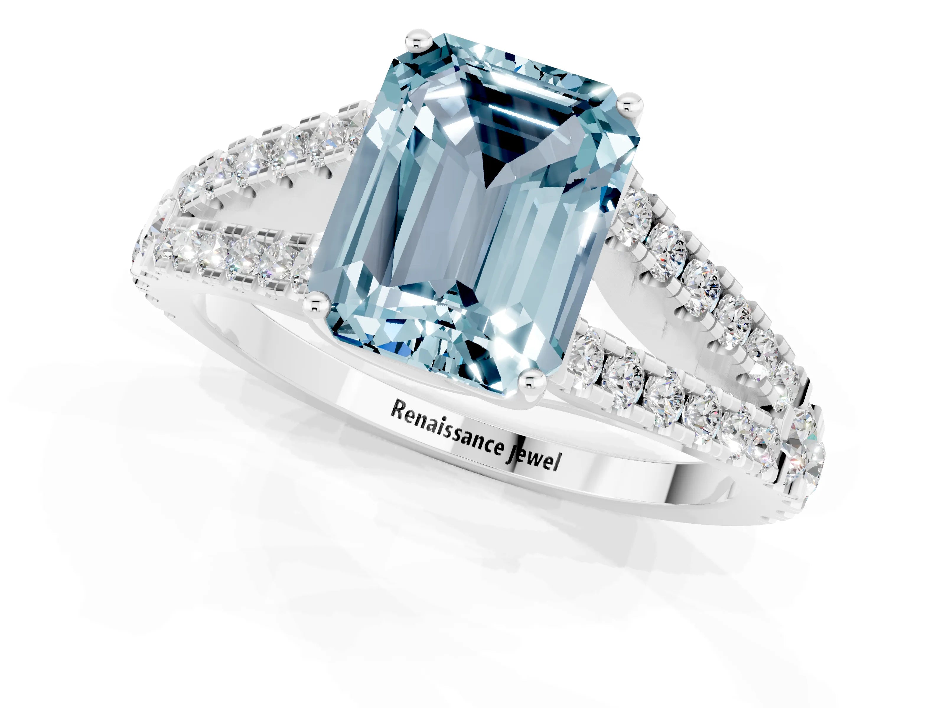 White gold Emerald Cut Aquamarine Split Shank Pavé Engagement Ring with Four-Prong Setting_13