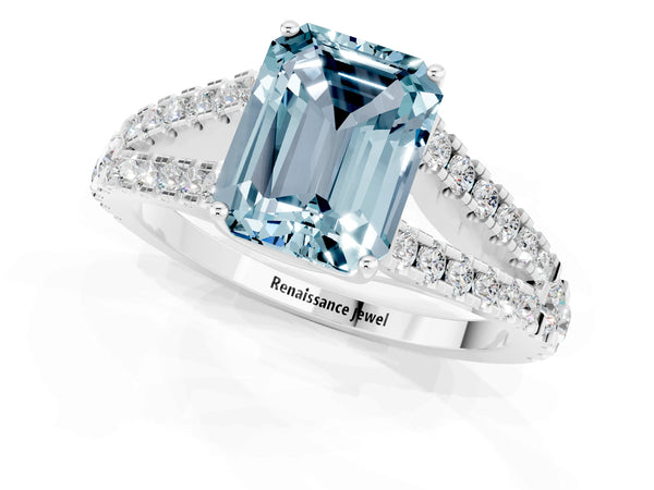 Silver Emerald Cut Aquamarine Split Shank Pavé Engagement Ring with Four-Prong Setting