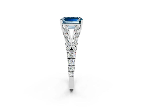 Platinum Emerald Cut Aquamarine Split Shank Pavé Engagement Ring with Four-Prong Setting