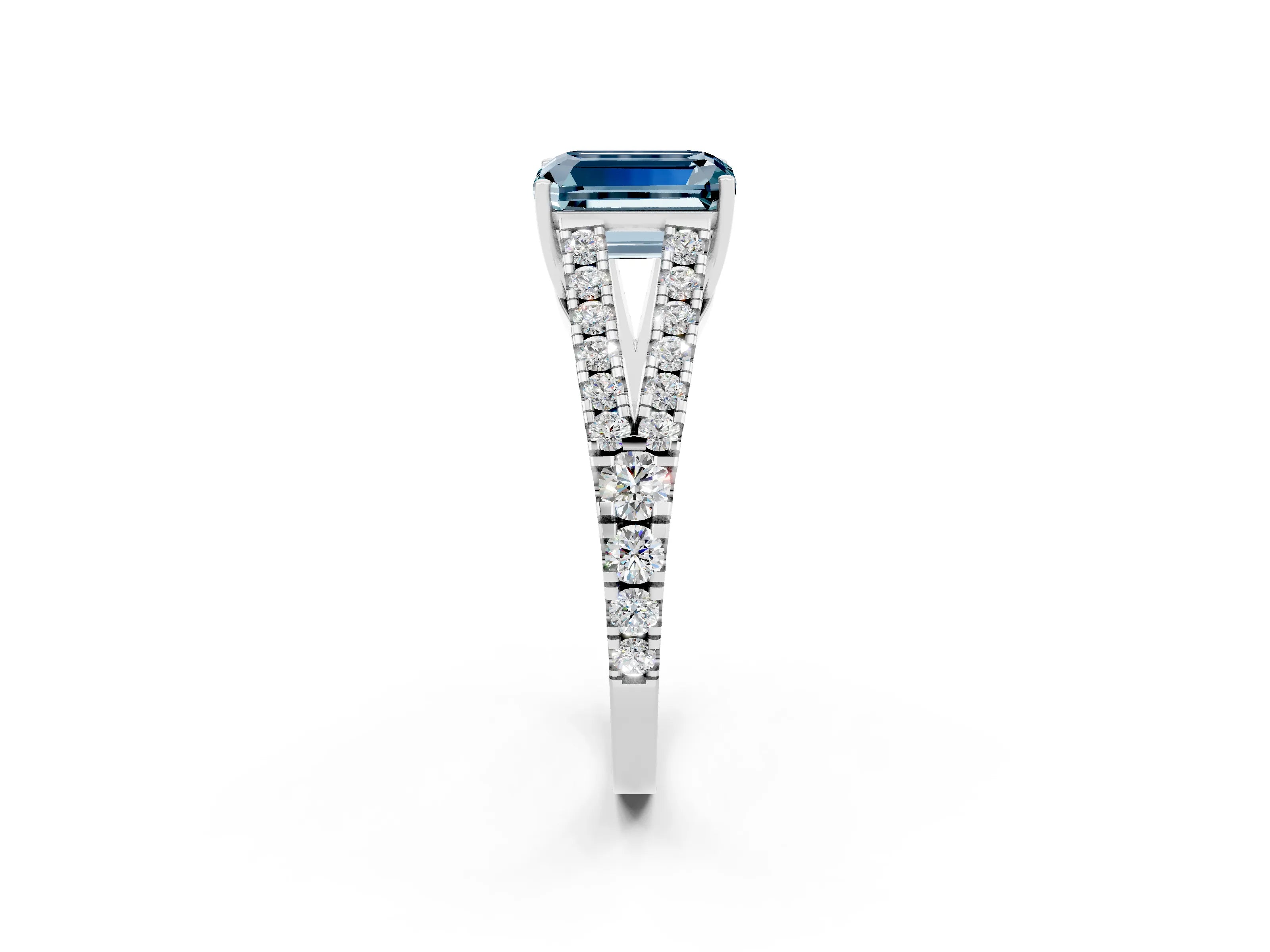 White gold Emerald Cut Aquamarine Split Shank Pavé Engagement Ring with Four-Prong Setting_14