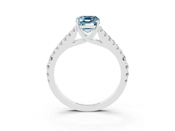 Platinum Emerald Cut Aquamarine Split Shank Pavé Engagement Ring with Four-Prong Setting