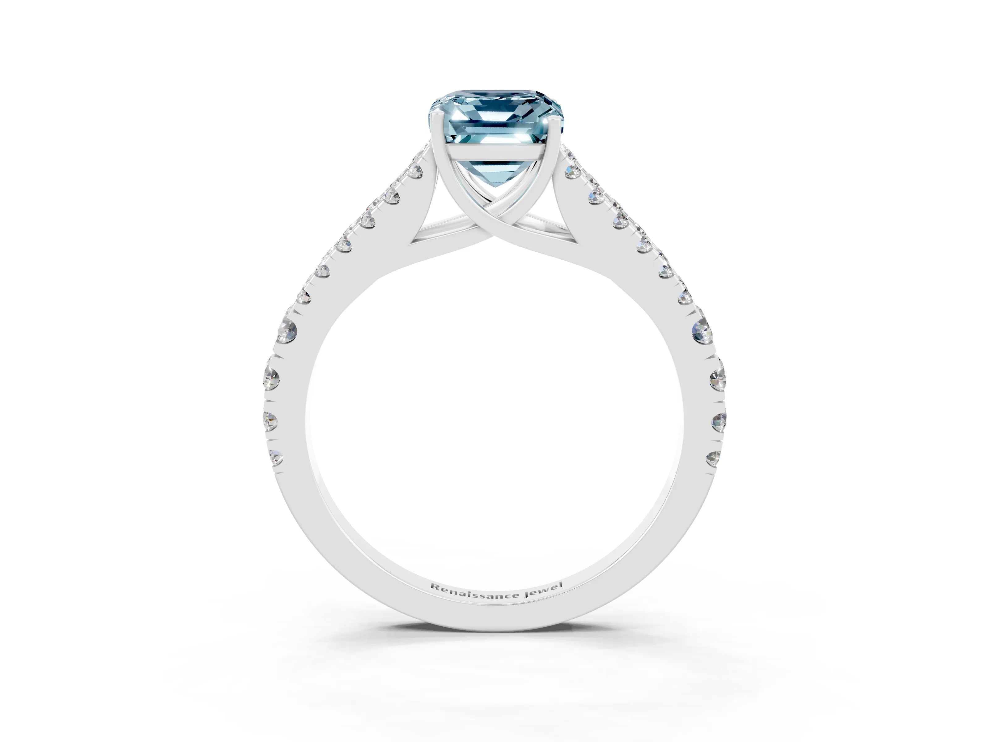 White gold Emerald Cut Aquamarine Split Shank Pavé Engagement Ring with Four-Prong Setting_15