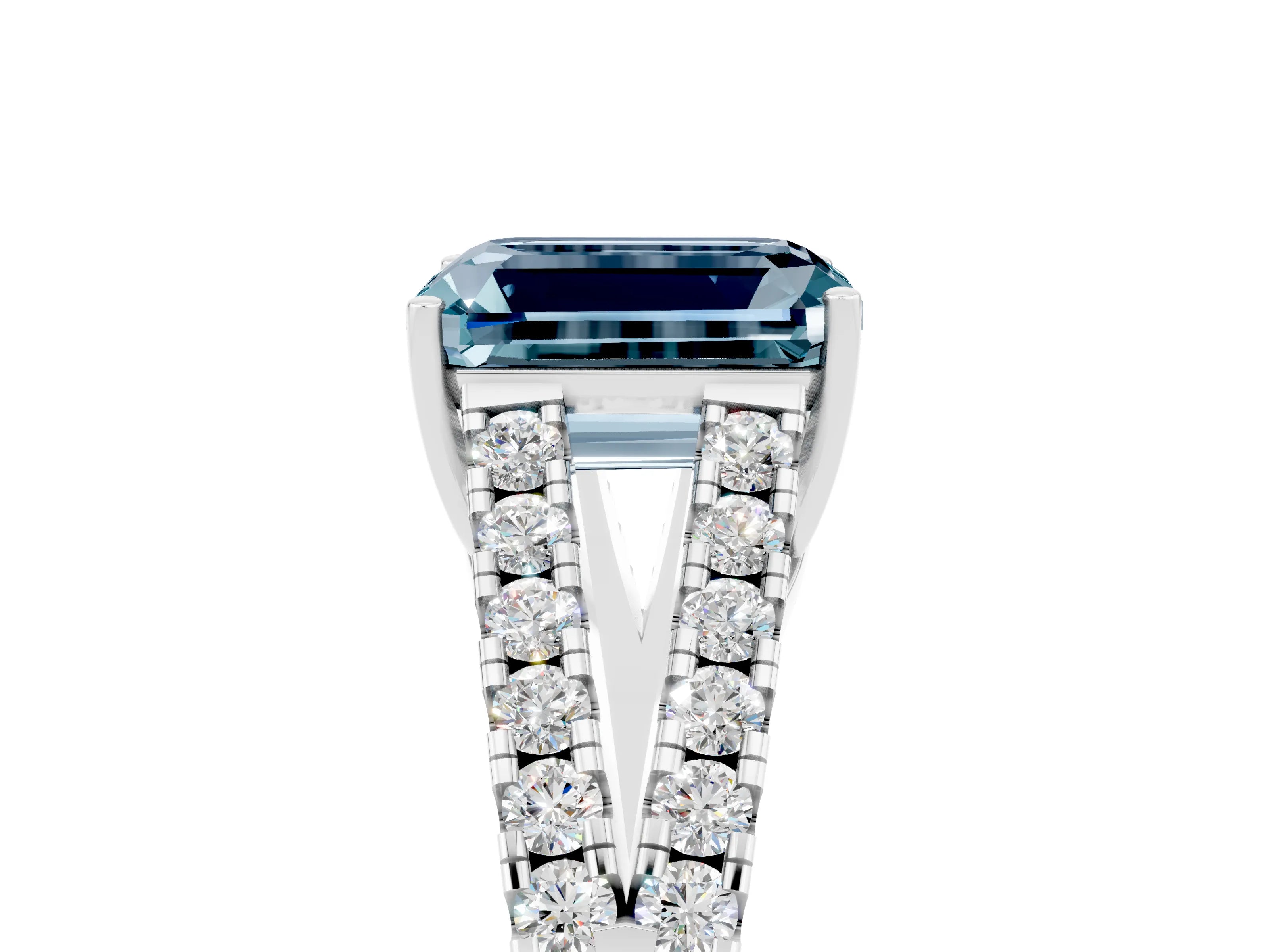 White gold Emerald Cut Aquamarine Split Shank Pavé Engagement Ring with Four-Prong Setting_17