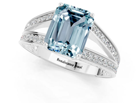 White gold Emerald Cut Aquamarine Split Shank Ring with Pavé Band and Four-Prong Setting_1
