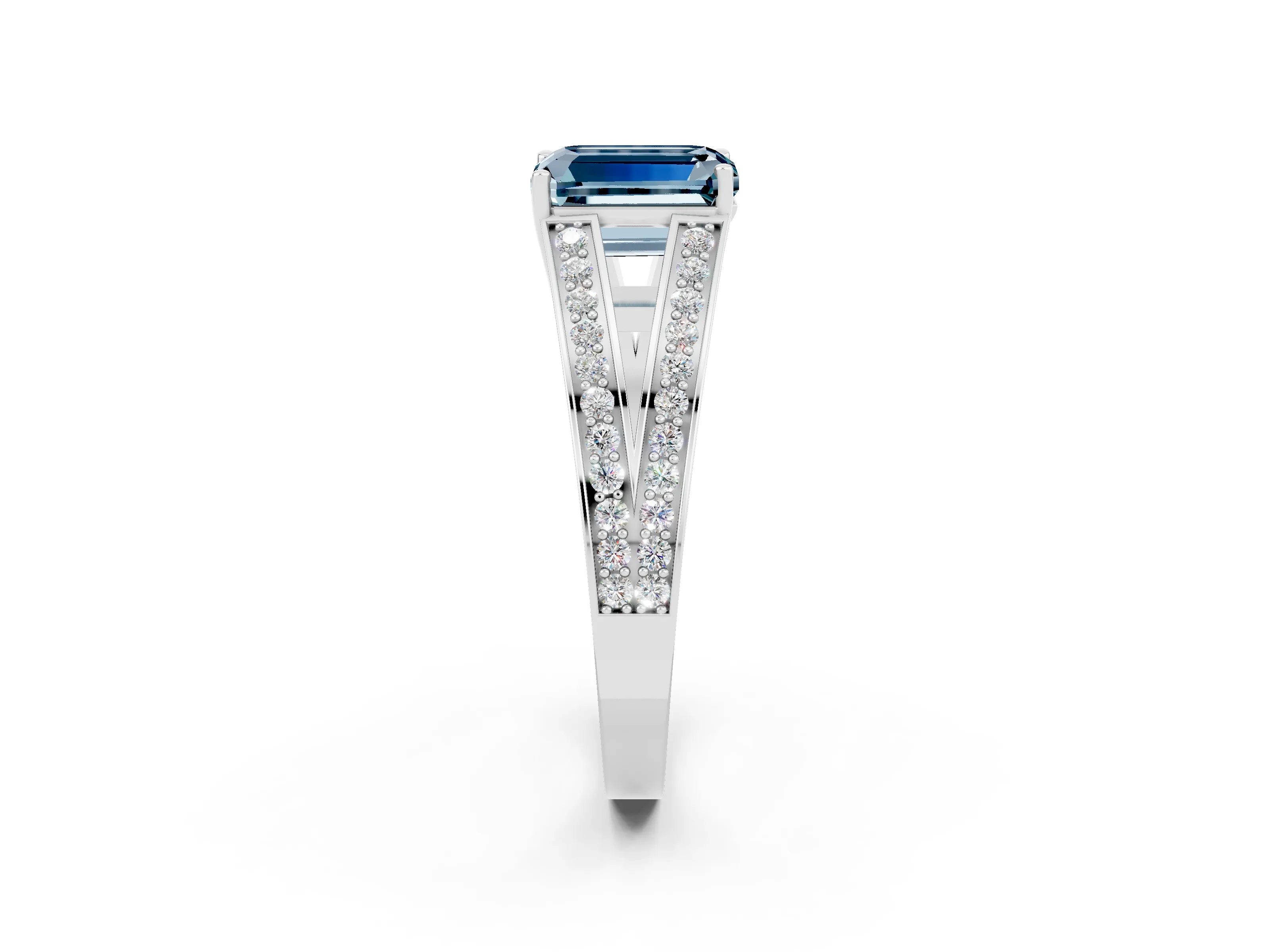 White gold Emerald Cut Aquamarine Split Shank Ring with Pavé Band and Four-Prong Setting_2
