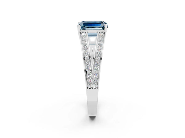 Silver Emerald Cut Aquamarine Split Shank Ring with Pavé Band and Four-Prong Setting