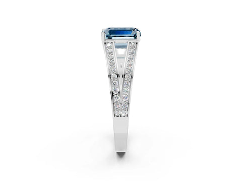 White gold Emerald Cut Aquamarine Split Shank Ring with Pavé Band and Four-Prong Setting_2