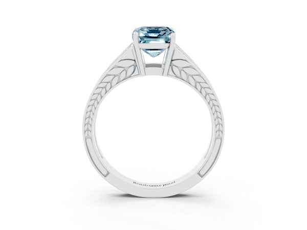 Platinum Emerald Cut Aquamarine Split Shank Ring with Pavé Band and Four-Prong Setting
