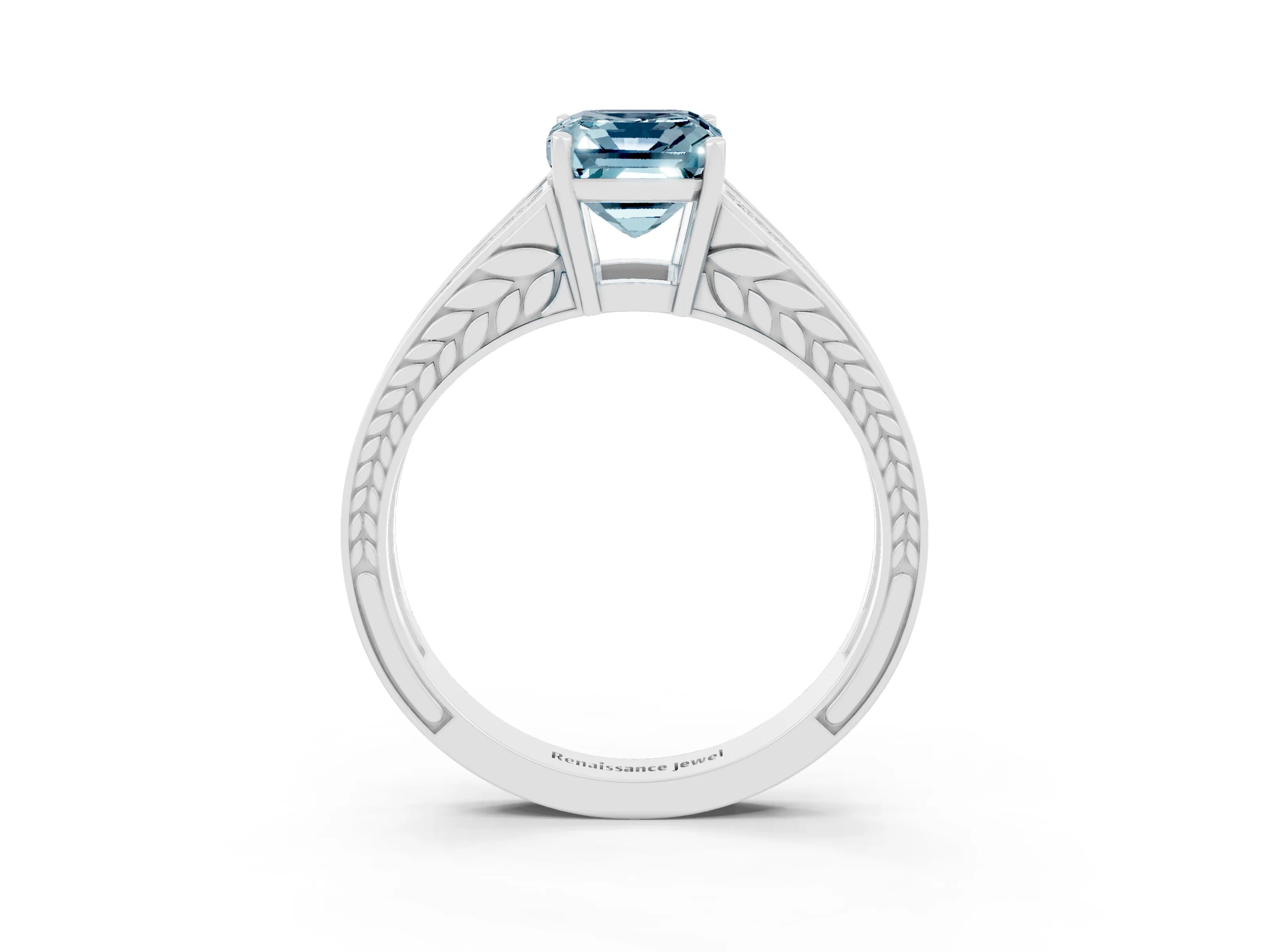 White gold Emerald Cut Aquamarine Split Shank Ring with Pavé Band and Four-Prong Setting_3