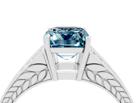 White gold Emerald Cut Aquamarine Split Shank Ring with Pavé Band and Four-Prong Setting_4