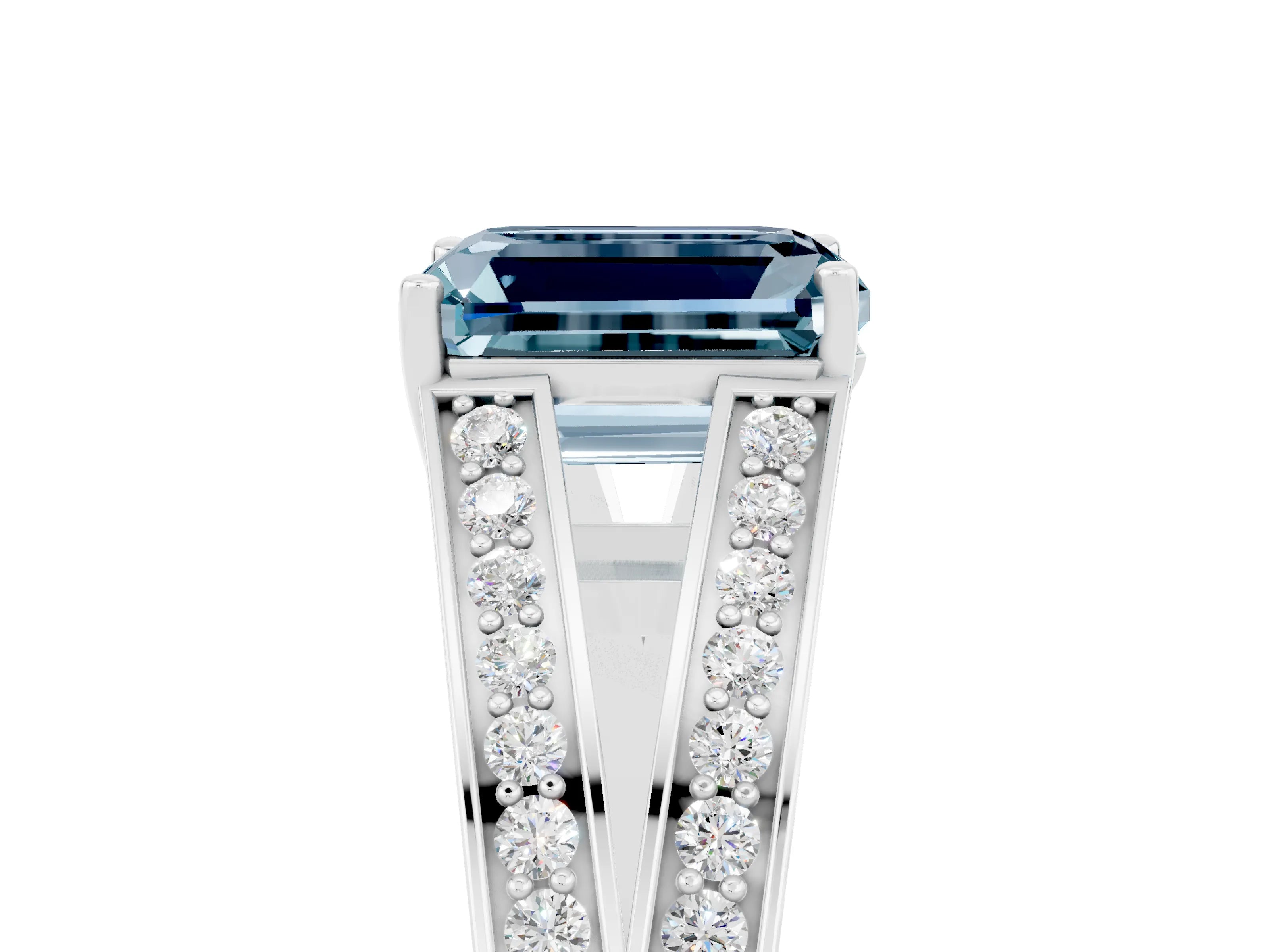 White gold Emerald Cut Aquamarine Split Shank Ring with Pavé Band and Four-Prong Setting_5