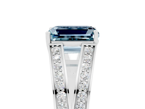 White gold Emerald Cut Aquamarine Split Shank Ring with Pavé Band and Four-Prong Setting_5