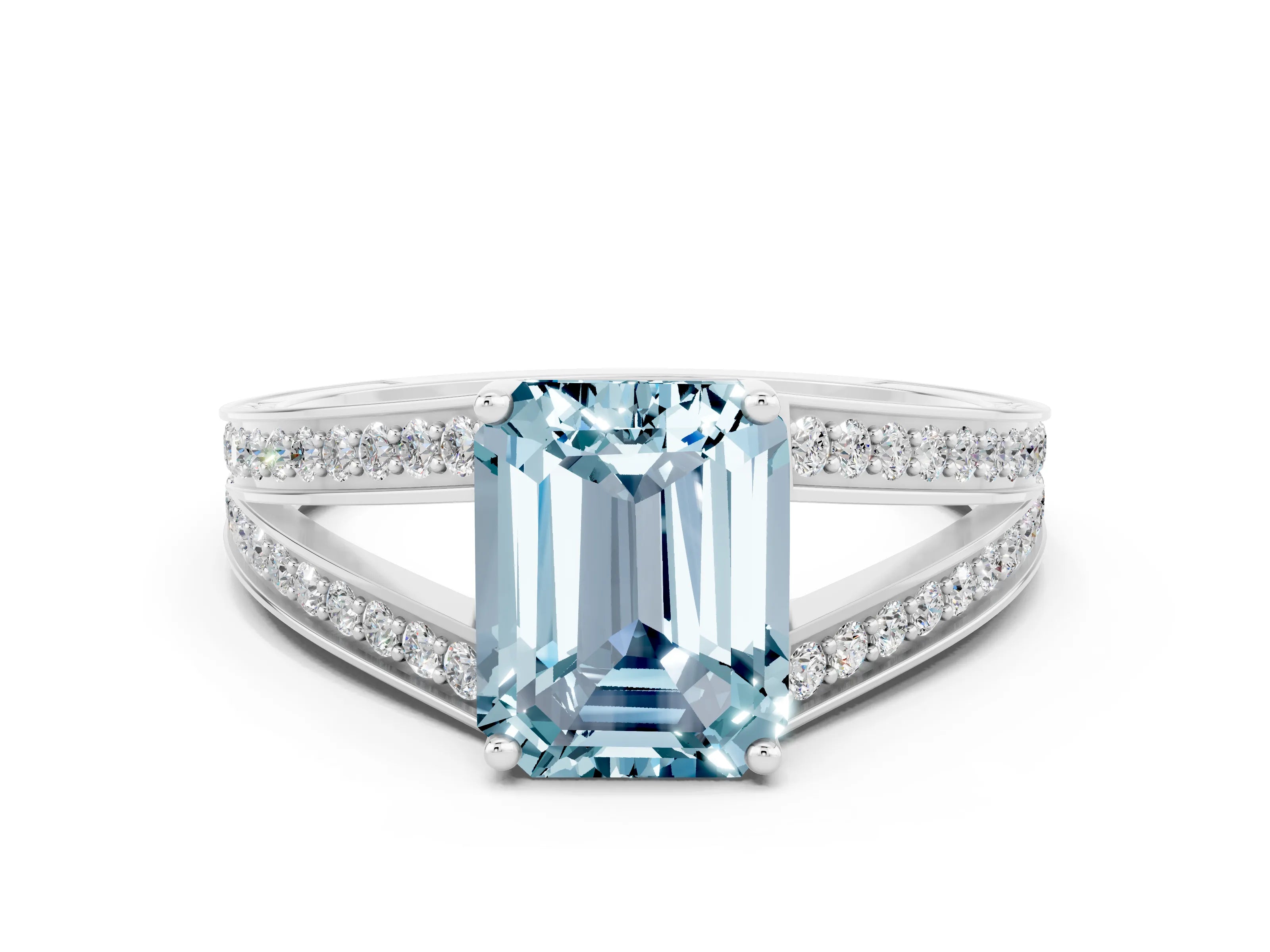 White gold Emerald Cut Aquamarine Split Shank Ring with Pavé Band and Four-Prong Setting