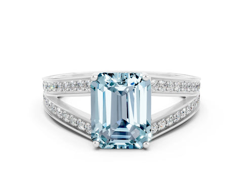 White gold Emerald Cut Aquamarine Split Shank Ring with Pavé Band and Four-Prong Setting