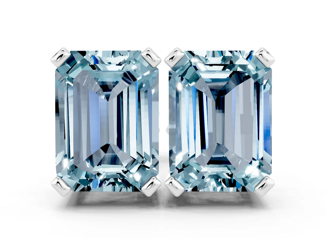 White gold Emerald Cut Aquamarine Stud Earrings_18