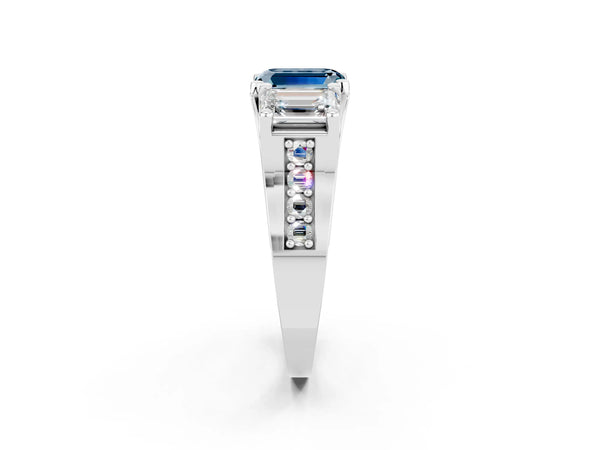 Platinum Emerald Cut Aquamarine Three-Stone Ring with Channel Set Band and Four-Prong Setting