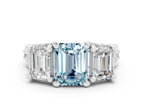 White gold Emerald Cut Aquamarine Three-Stone Ring with Channel Set Band and Four-Prong Setting