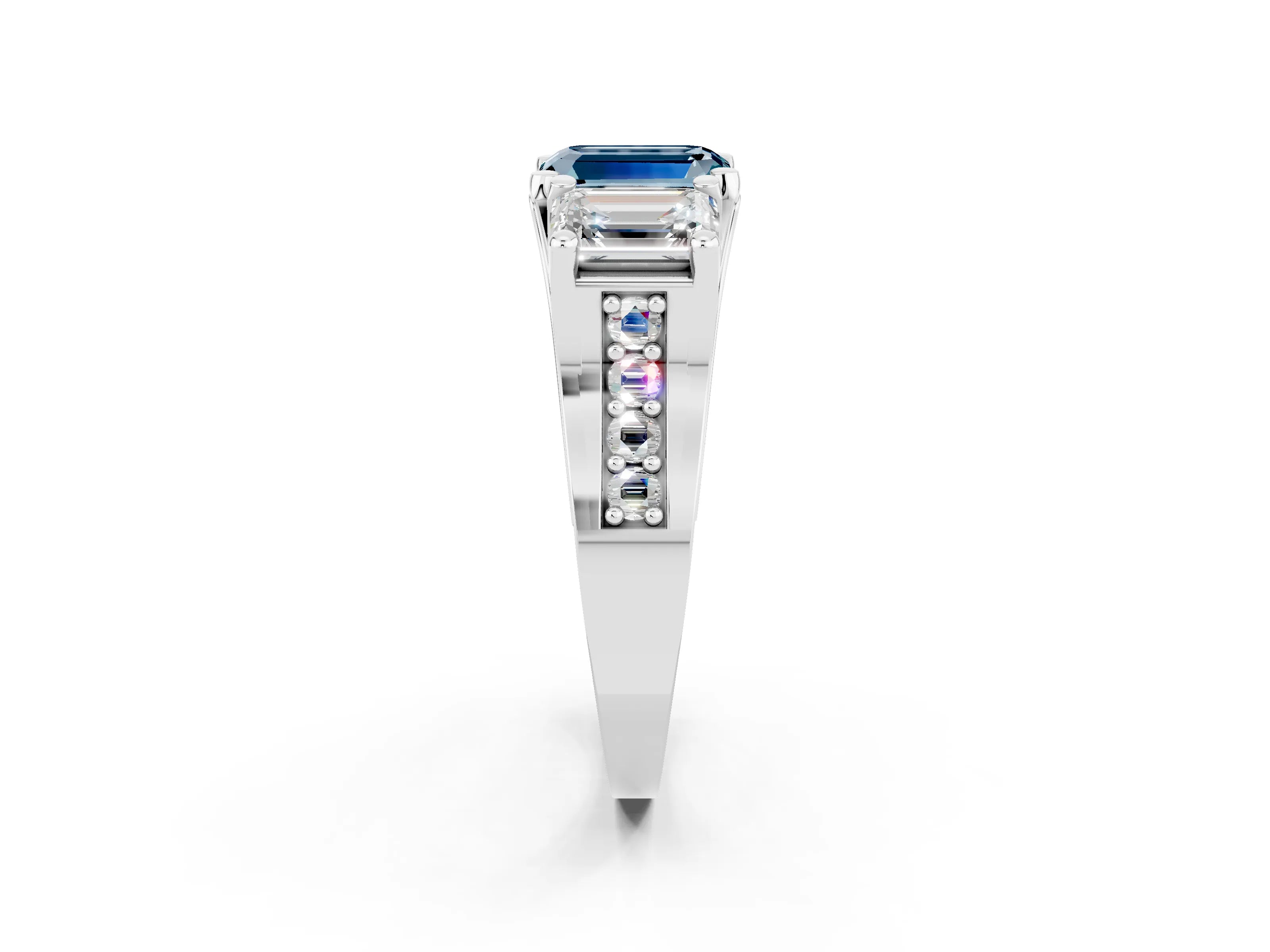 White gold Emerald Cut Aquamarine Three-Stone Ring with Channel Set Band and Four-Prong Setting_2