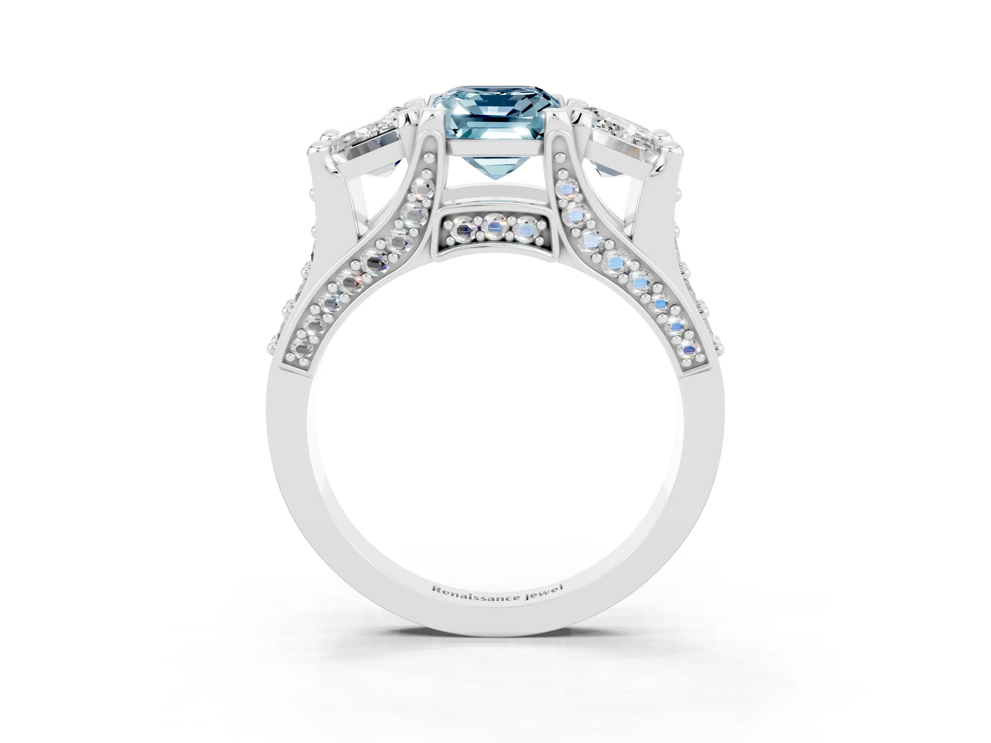 White gold Emerald Cut Aquamarine Three-Stone Ring with Channel Set Band and Four-Prong Setting_3