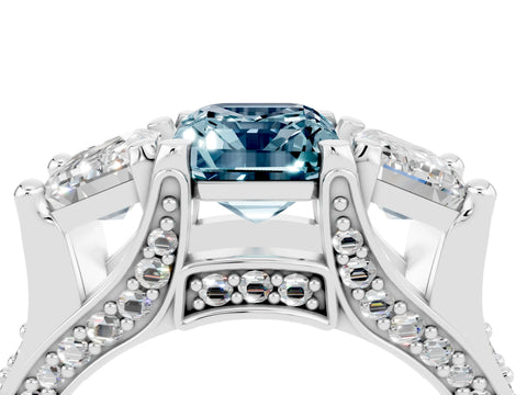 White gold Emerald Cut Aquamarine Three-Stone Ring with Channel Set Band and Four-Prong Setting_4
