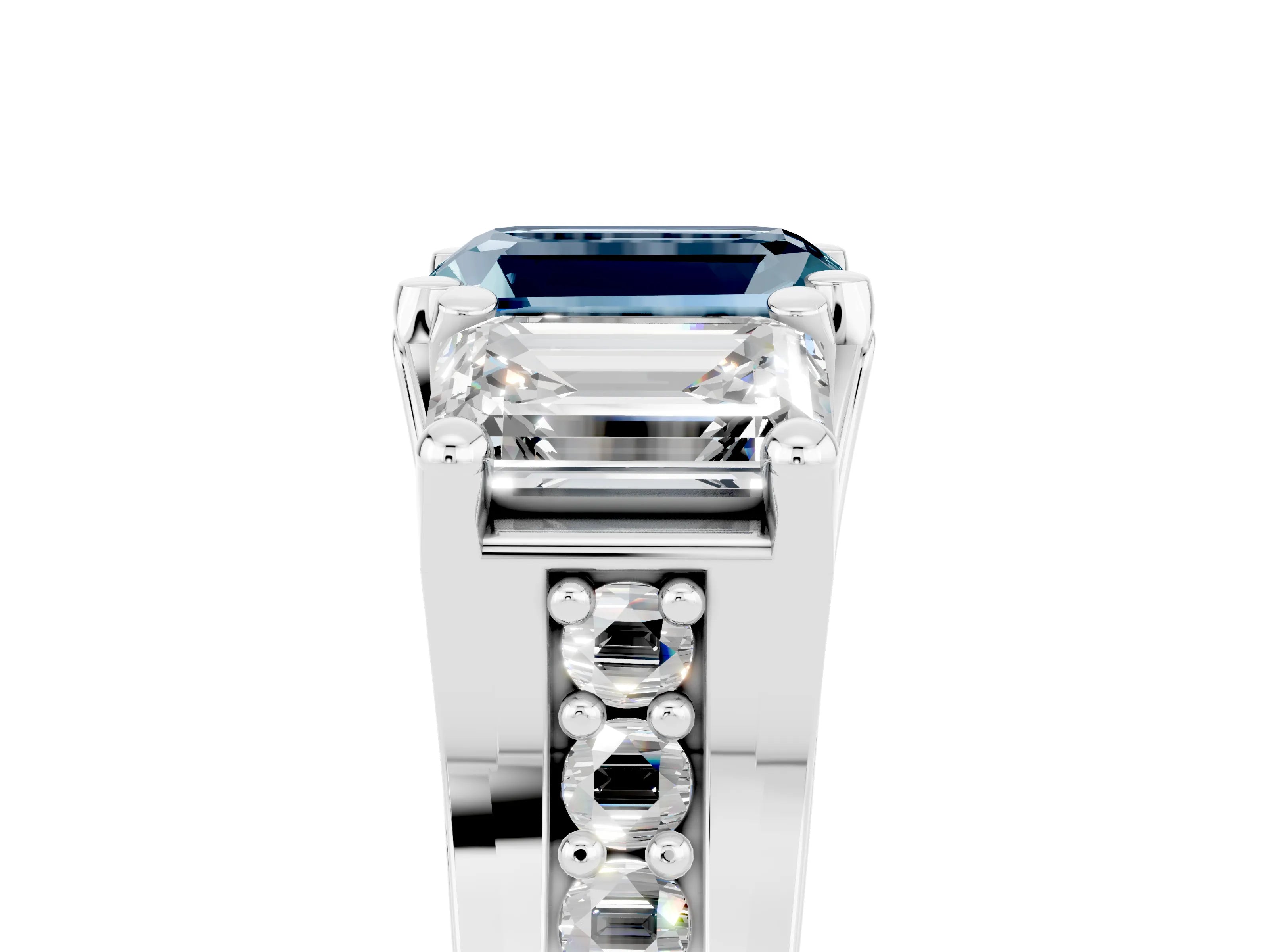 White gold Emerald Cut Aquamarine Three-Stone Ring with Channel Set Band and Four-Prong Setting_5