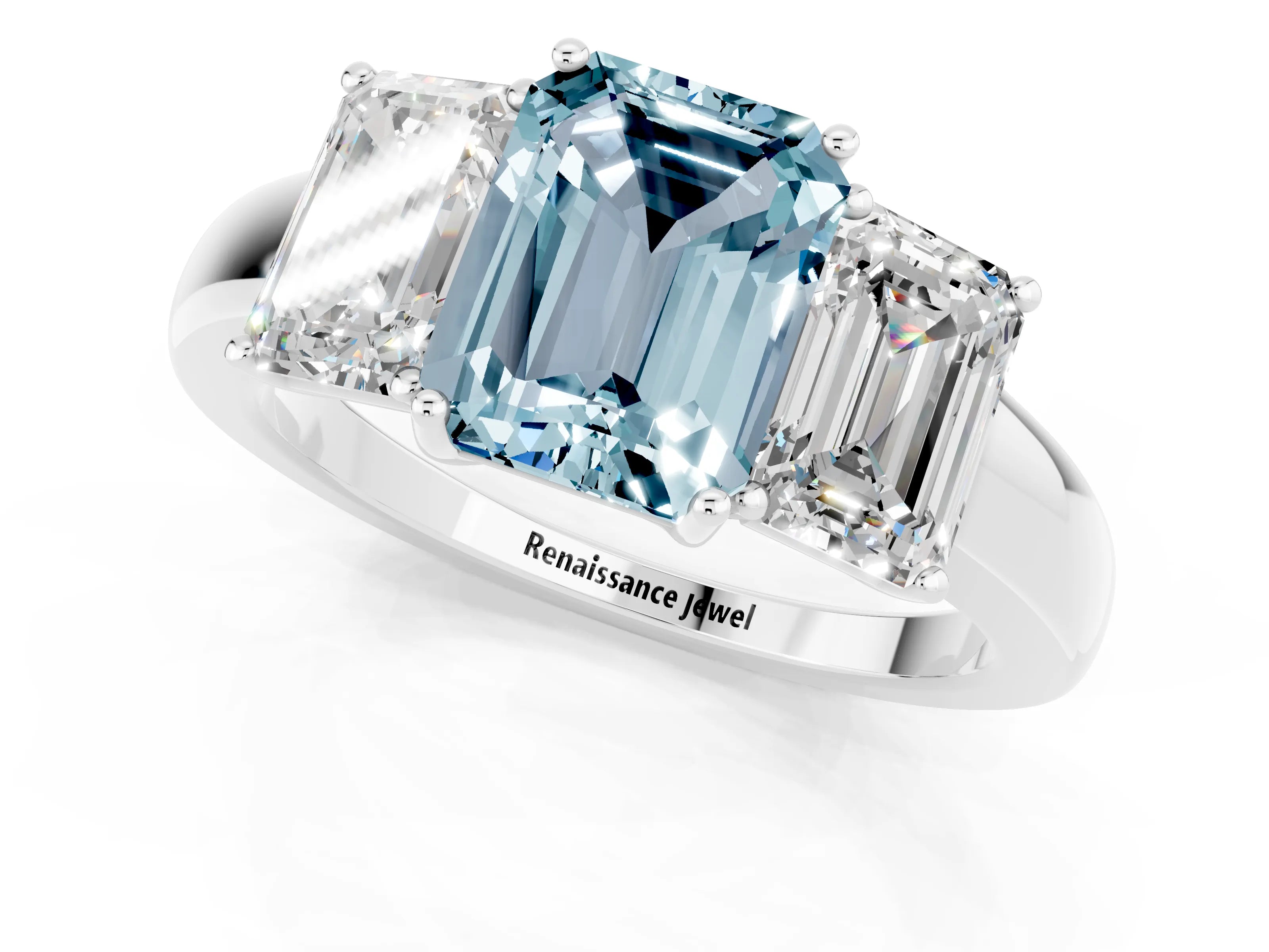 White gold Emerald Cut Aquamarine Three-Stone Ring with Four-Prong Setting and Classic Band_1