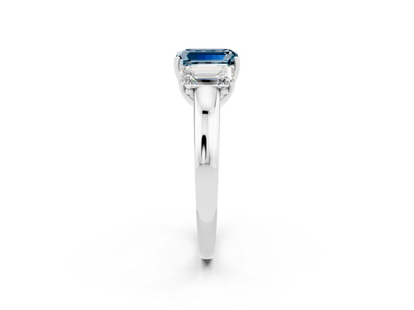 Silver Emerald Cut Aquamarine Three-Stone Ring with Four-Prong Setting and Classic Band