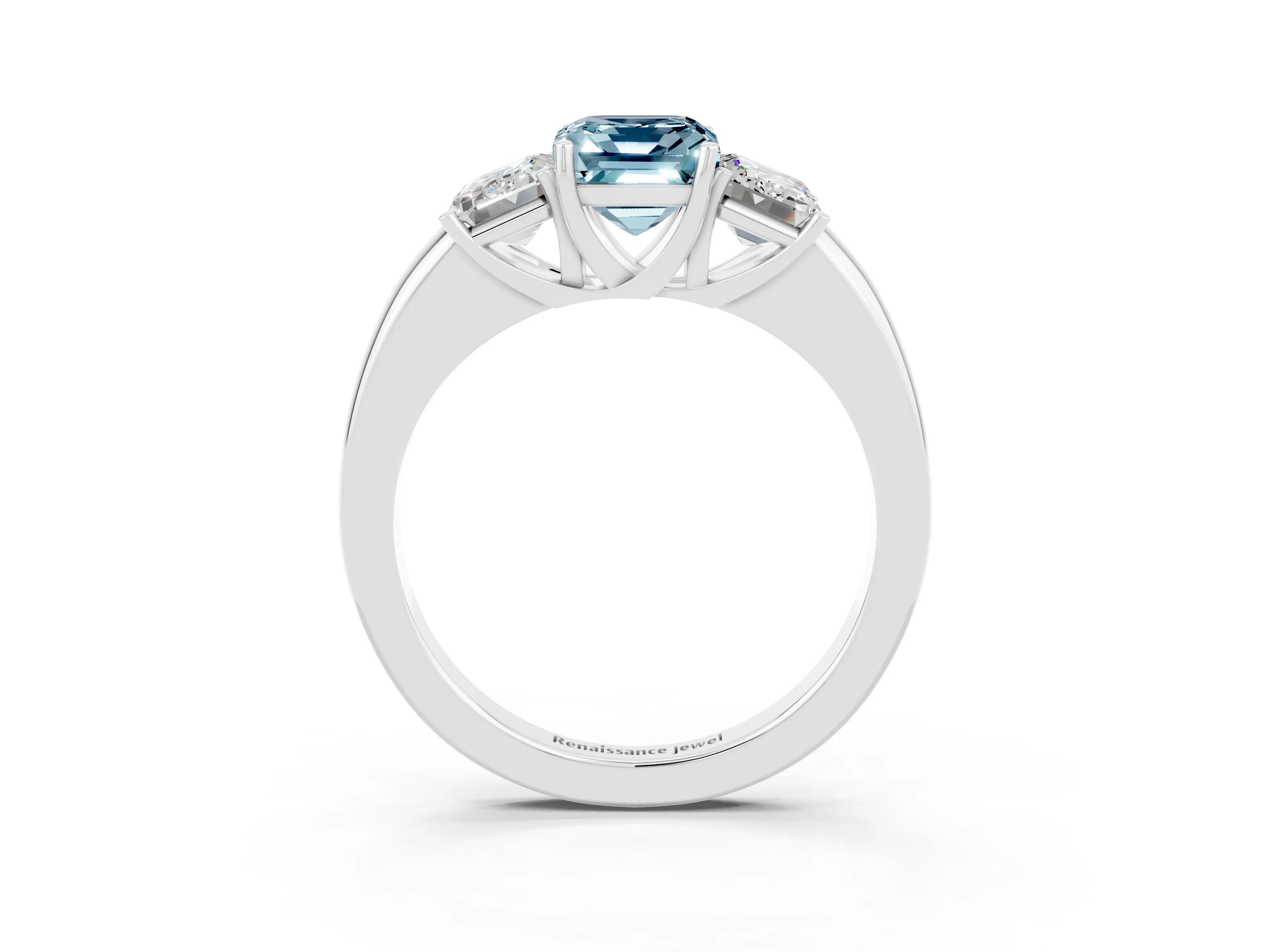White gold Emerald Cut Aquamarine Three-Stone Ring with Four-Prong Setting and Classic Band_3